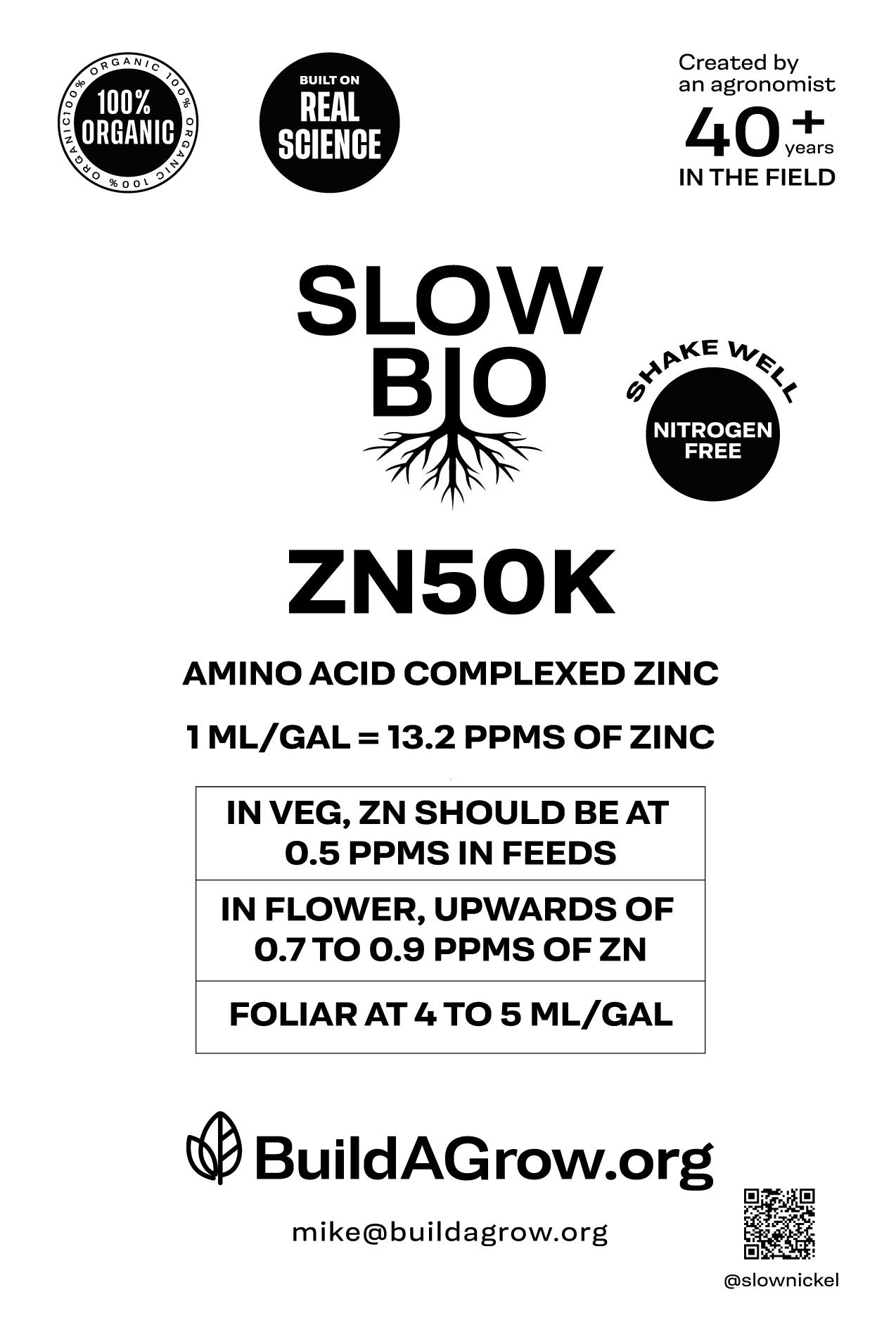 ORGANIC SLOWBIO ZN50K - Organic Liquid Amino Acid Chelated Zinc for foliar and fertilizer feeds