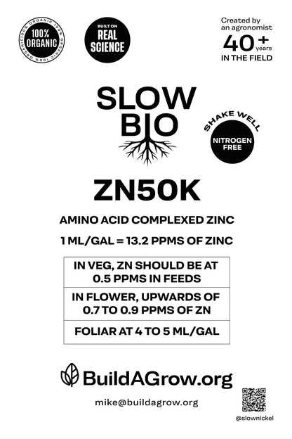 ORGANIC SLOWBIO ZN50K - Organic Liquid Amino Acid Chelated Zinc for foliar and fertilizer feeds