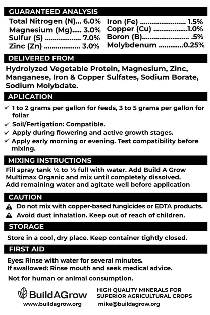 Build A Grow Multi-Max Organic - 6-0-0-3 Mg-3 Zn-3Mn-1.5 Fe-1 Cu-0.5 B-0.25 Mo Foliar & Feed